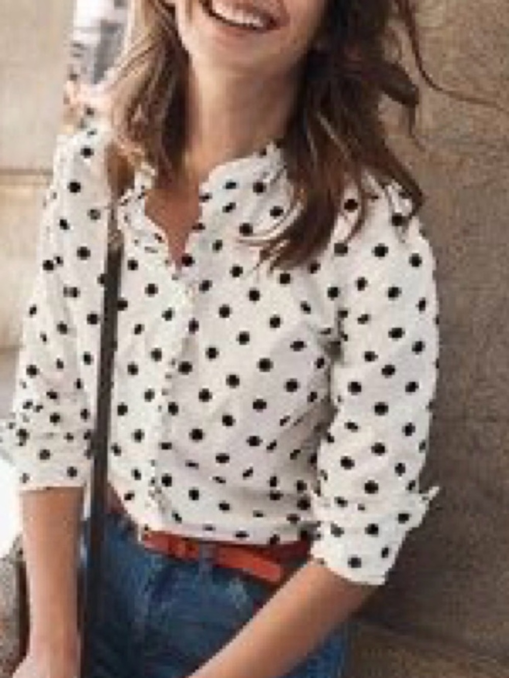 Boden ivory/ black Polka Dot Ruffle Collar Button-Down Shirt  pit-pit 20 (mix39)